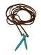 a brown leather rope with blue stones on it