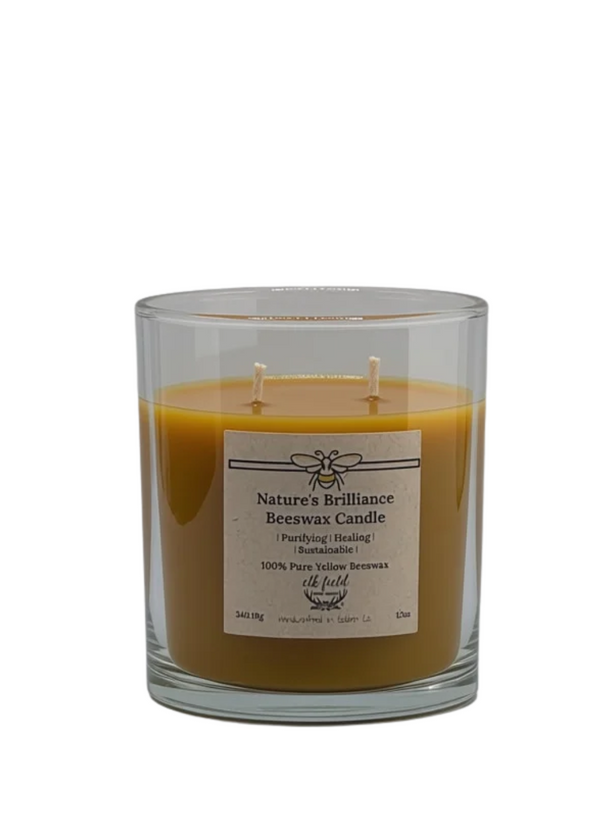 A two-wick scented candle in a clear glass jar with amber-brown wax, featuring a white label that reads 'Nature's Brilliance Scented Candle' and 'Wooden Flooring'.