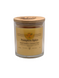 A glass jar candle with a light wood lid and a yellow label reading 'Pumpkin Spice' on a white background.